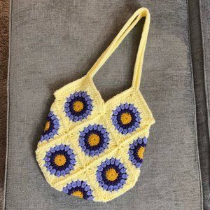 Crochet Flower Tote Bag in Purple and Cream